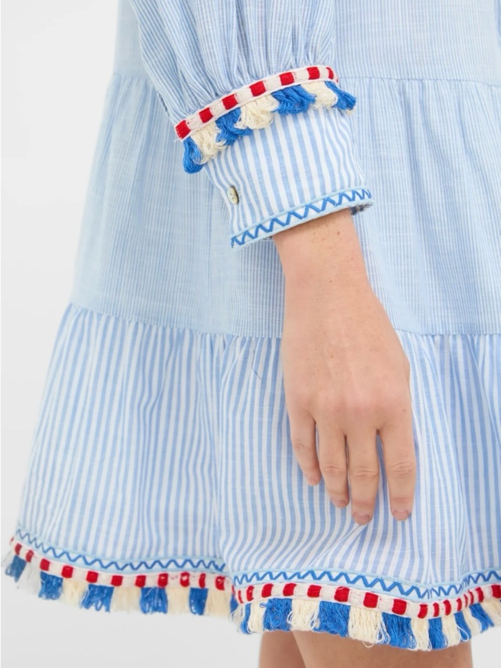 Tuckernuck Jen Dress XL NWT Chambray Blue Stripe Fringe Tassel Cotton Tiered - Picture 4 of 16